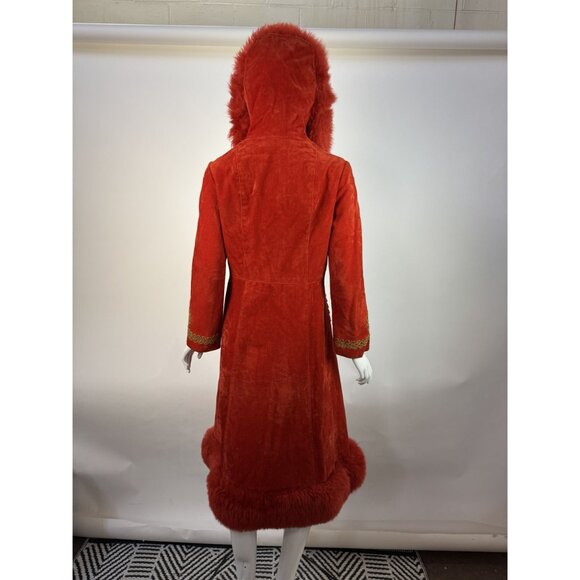 Vintage 70s Red Velvet Penny Lane Coat W/ Gold Embroidery & faux Fur Trim Hood - Picture 5 of 16